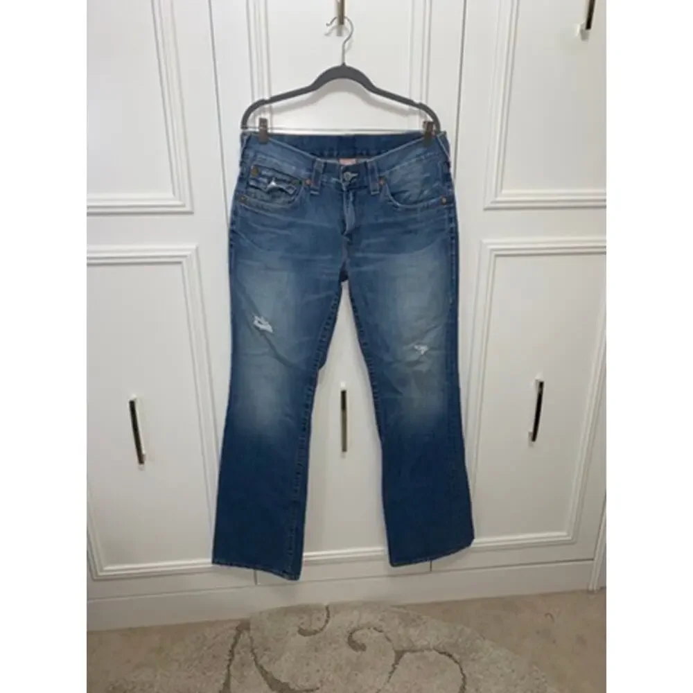True‎ Religion Men's Blue Straight Jeans Size 34 Distressed Flap Pockets